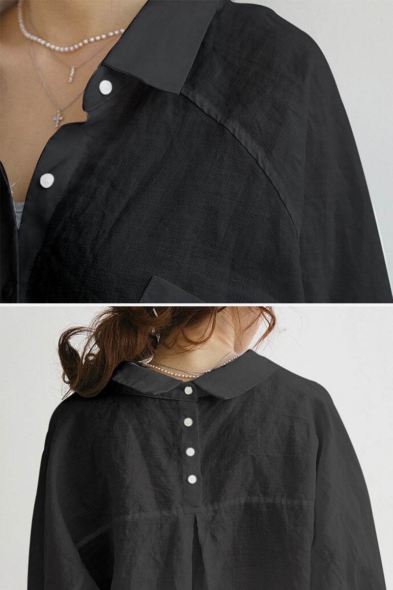 Black oversized linen shirt with white buttons and collared neck, breathable lightweight fabric, loose fit for casual and formal wear.