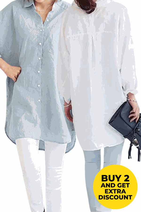Two women wearing oversized linen shirts in light blue and white, styled with white pants and accessories, showcasing comfortable, breathable fabric for casual and semi-formal wear