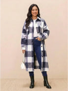 oversized medium-length blue plaid overshirt with relaxed fit and functional pockets