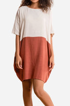 Oversized T-shirt dress in beige and rust color block with loose fit and short sleeves