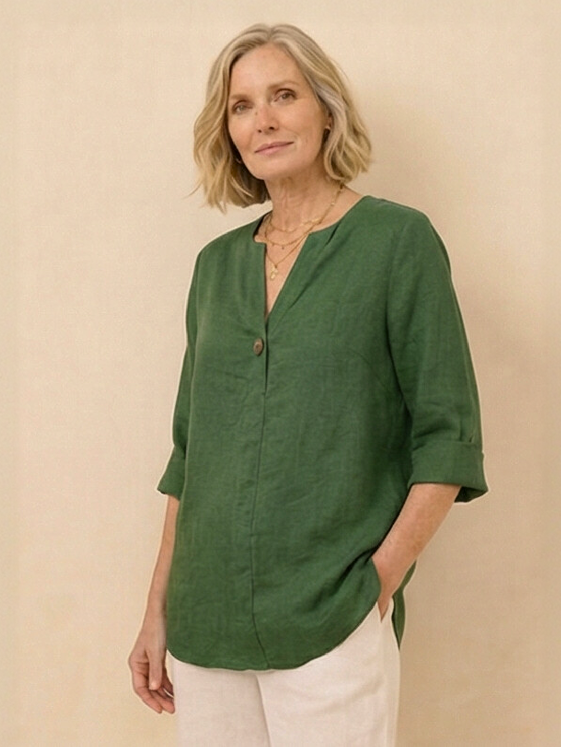 white pure linen age-defying shirt with button details on hanger