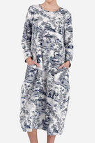 blue midi dress with Japanese porcelain print and oversized pockets