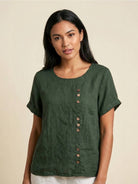 Relaxed Fit Linen Button-Up Tee with breathable cotton linen fabric, short sleeves, round neck, and stylish button detail