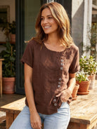 Relaxed Fit Linen Button-Up Tee in breathable cotton with stylish button detail and loose fit for comfort
