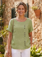 Relaxed Fit Linen Button-Up Tee in breathable cotton with short sleeves and stylish button detail