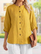 Relaxed loose breathable linen yellow blouse with button front and 3/4 sleeves
