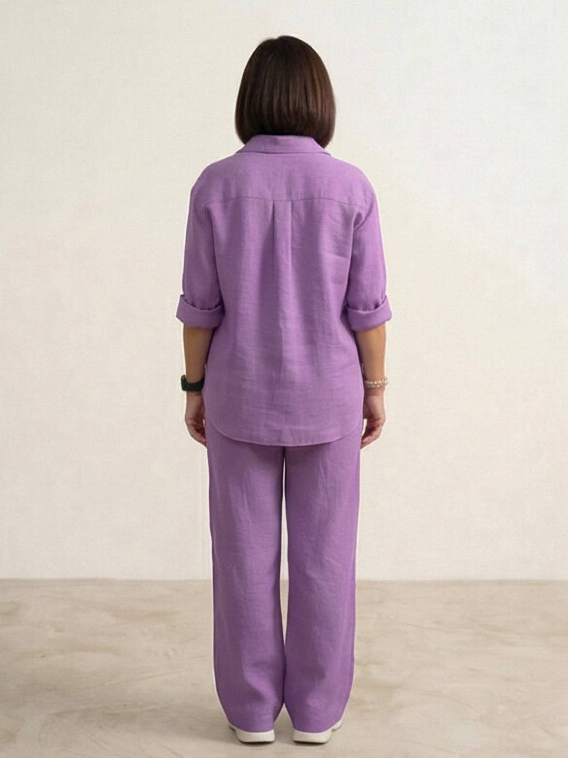 Woman wearing oversized 100% cotton shirt and wide-leg pants co-ord set