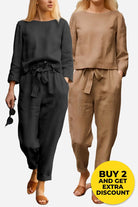 Two women wearing Retro Monochrome Linen breathable linen cotton two-piece sets in black and brown with loose fit and wide-leg pants
