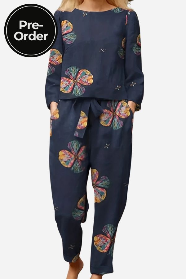 Retro Patterned Linen Two-Piece Set