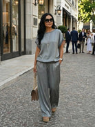 Silken Escape Satin Two-Piece Set luxury satin top and wide-leg pants with pockets and stretch waistband