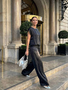 Elegant Silken Escape Satin Two-Piece Set with flowing top and wide-leg pants for comfortable all-day wear