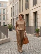 Silken Escape Satin Two-Piece Set with flowing top and wide-leg pants in luxurious satin fabric