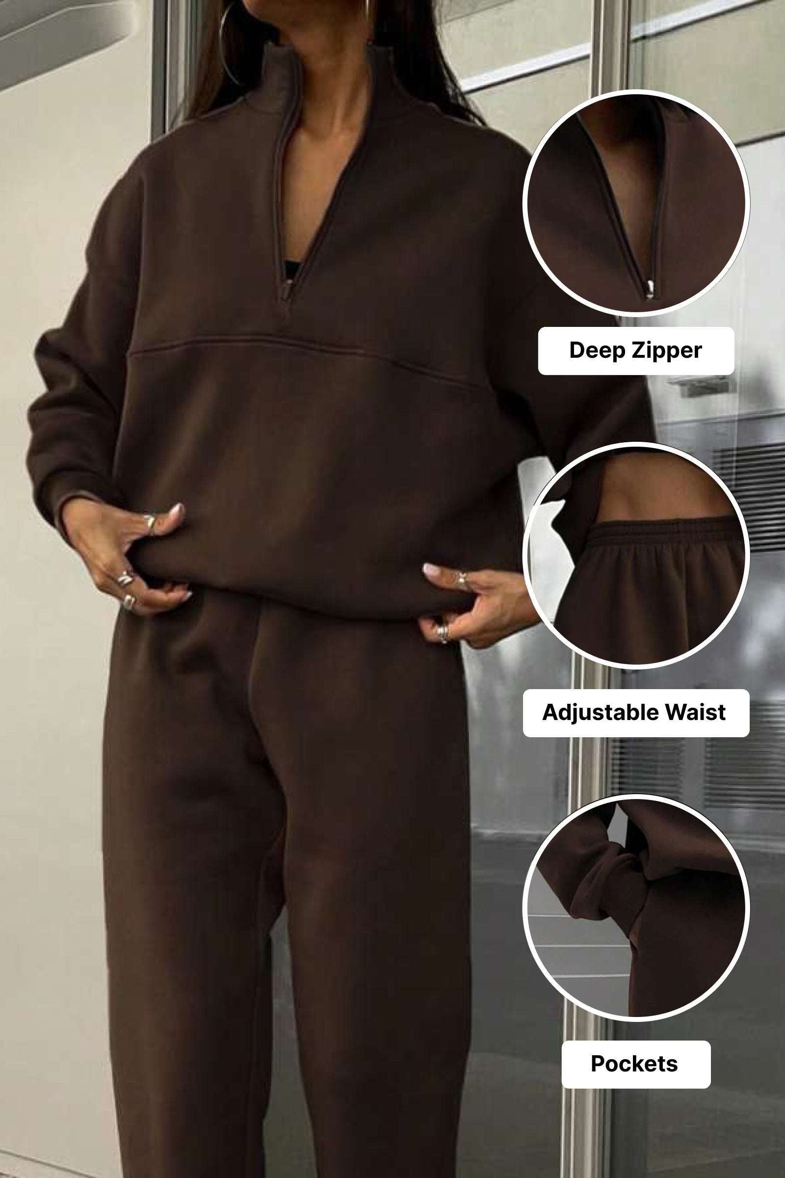 Brown cotton blend tracksuit with deep zipper, adjustable waist, and pockets for tailored comfort and style.