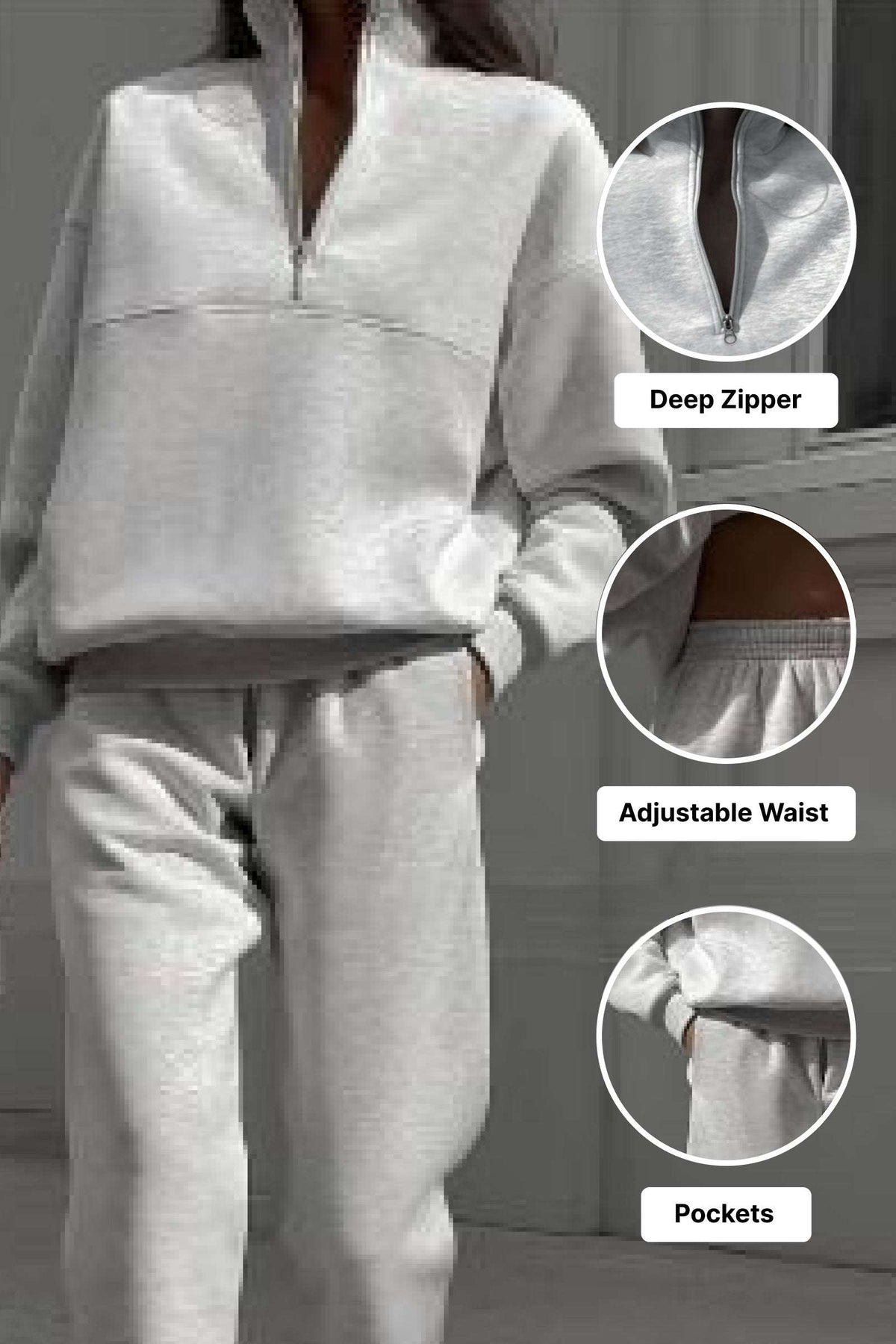 Woman wearing a light gray cotton blend tracksuit with deep zipper, adjustable waist, and pockets