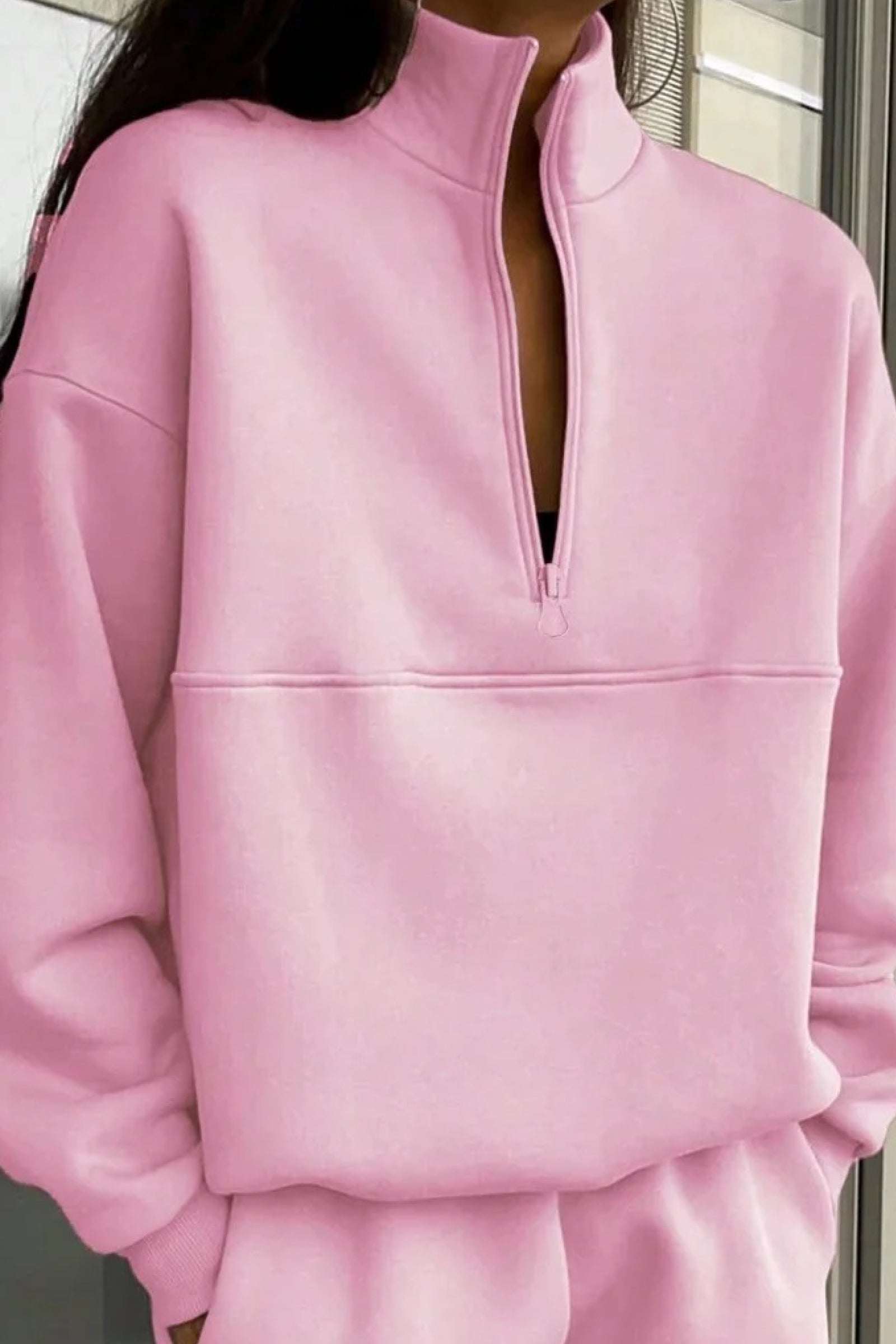 women's pink cotton blend tracksuit with high collar and half-zip front