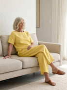 Lightweight loose fit co-ord set with soft-tailored top and wide-leg bottoms for relaxed style