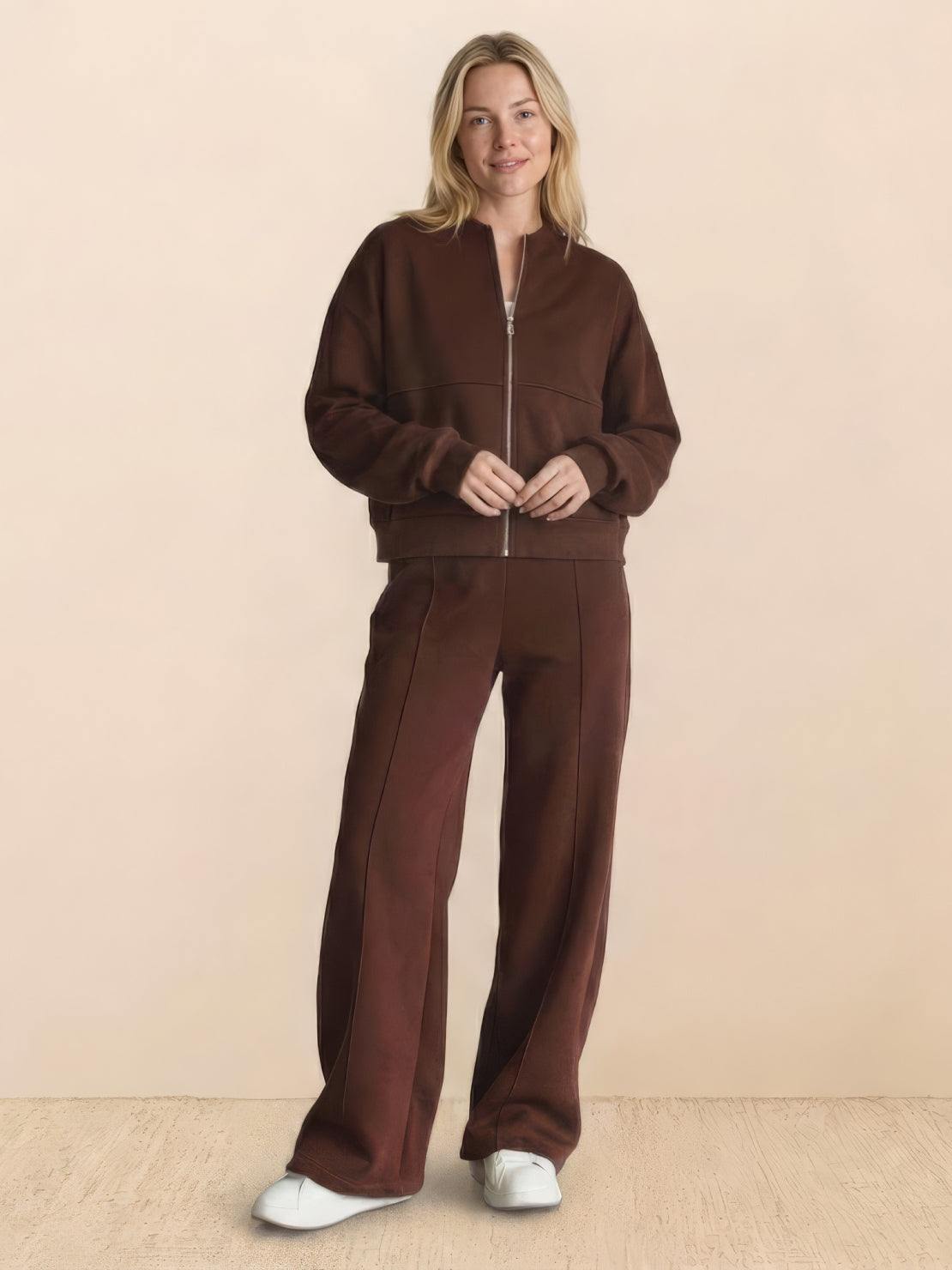 The Voyager Zip Set two-piece zip-front sweatshirt and wide-leg joggers in neutral beige