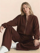The Voyager Zip Set two-piece zip-front sweatshirt and wide-leg joggers for comfortable travel style