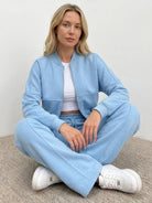 The Voyager Zip Set two-piece zip-front sweatshirt with wide-leg joggers for comfortable travel style