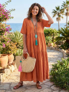 V-neck two-tiered maxi swing dress flowing cotton fabric artsy style