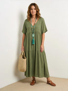 V-neck two-tiered maxi swing dress in flowing cotton fabric with irregular hemline and loose sleeves