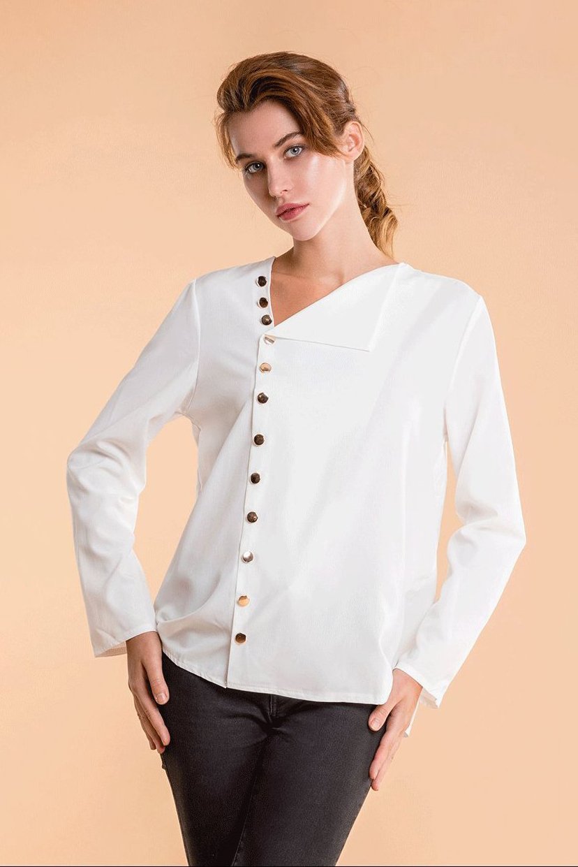 Button Front Roll Sleeve Blouse