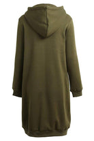 Olive green oversized long zip sweatshirt hoodie with fleece lining and hood, back view