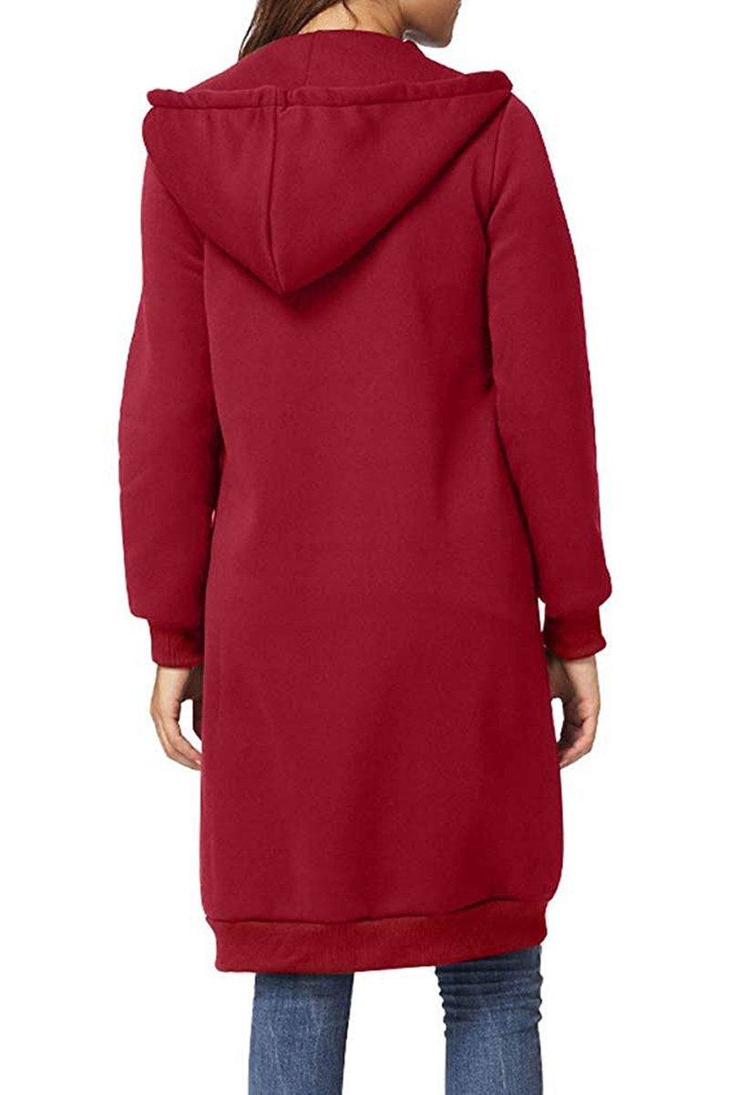 Back view of oversized long zip sweatshirt hoodie in red with hood and long sleeves