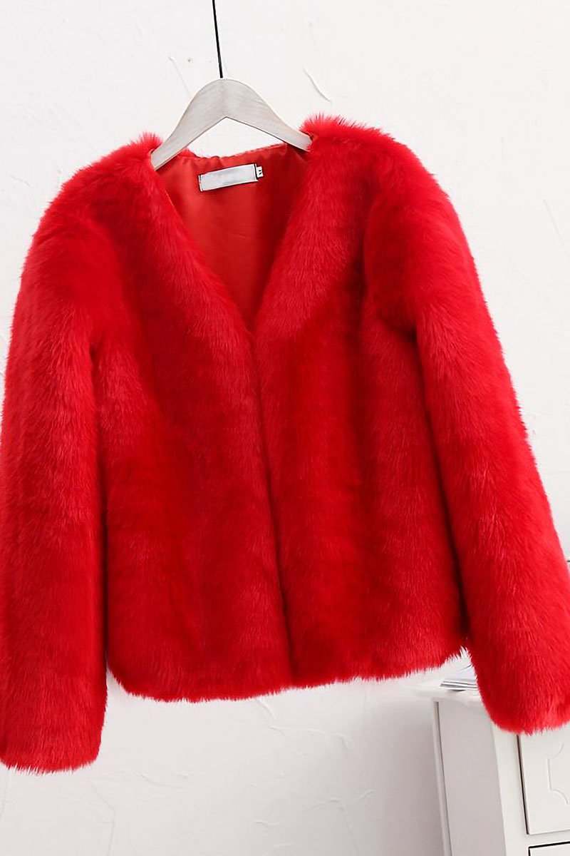 Bold faux fur luxe jacket in vibrant red with V neckline and button closure